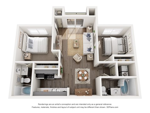 Floor plan for 2 beds, 2 baths, 965 sqft